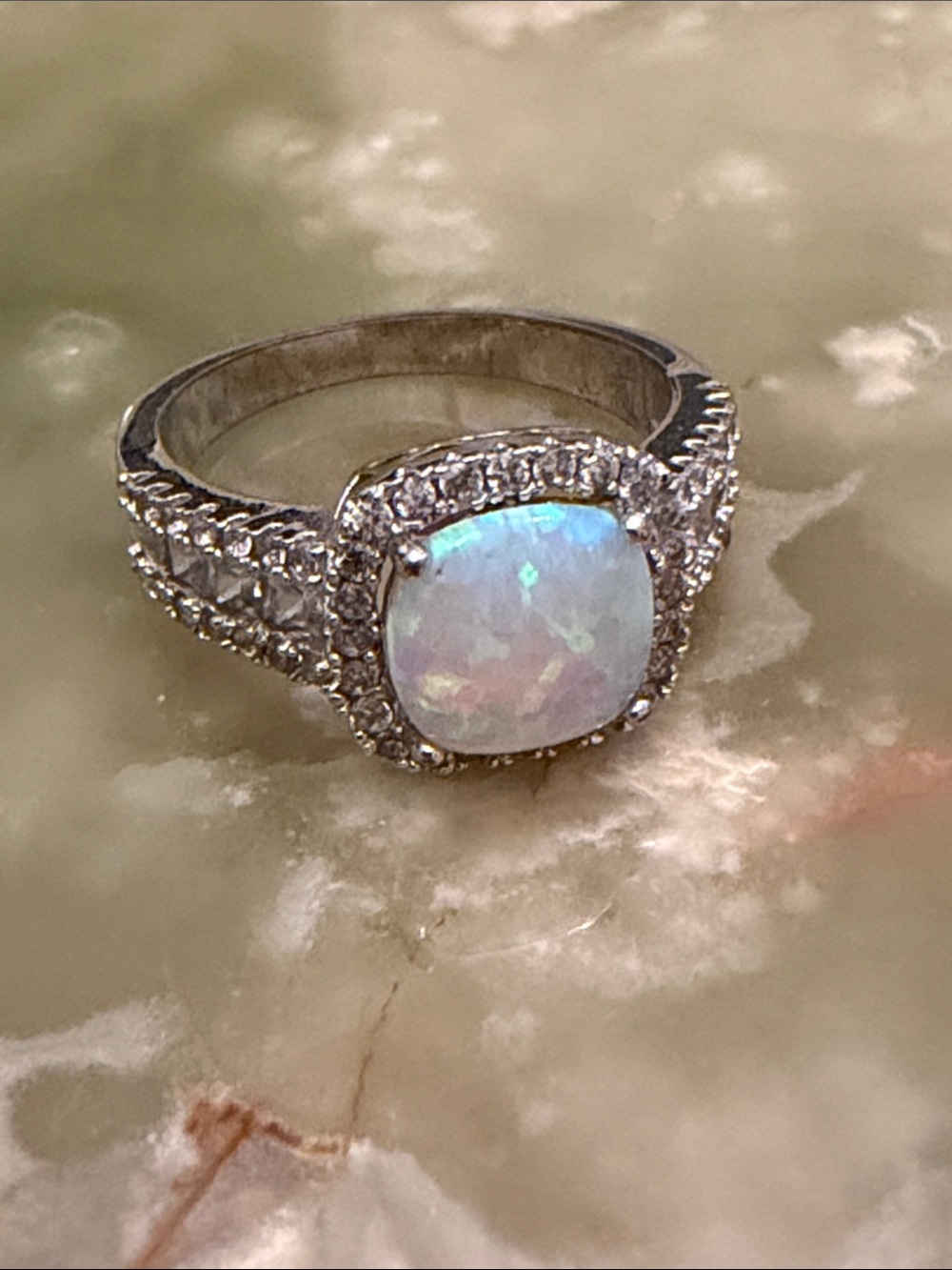 Opalescent Halo Cushion Ring in Silver-tone Setting - Ring Size 7 US